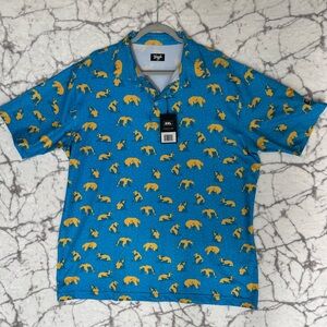 NEW WAGGLE Polo Golf Shirt Men’s XXL You're Golden Blue w Yellow Bears Allover